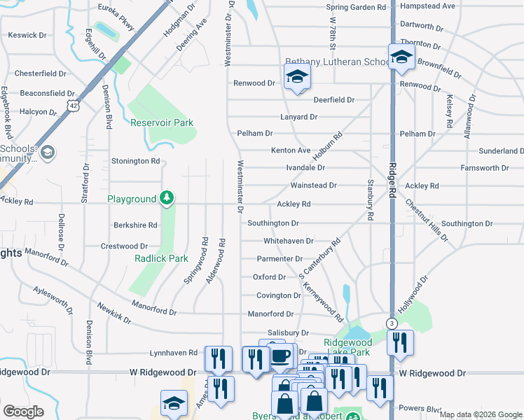 map of restaurants, bars, coffee shops, grocery stores, and more near 6292 Holburn Road in Parma