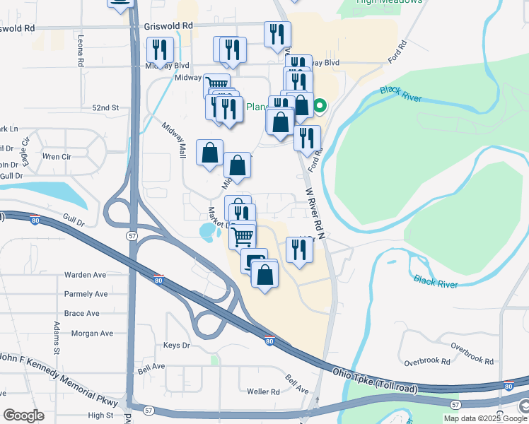 map of restaurants, bars, coffee shops, grocery stores, and more near 1444 West River Road North in Elyria