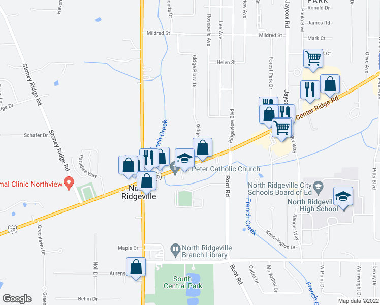 map of restaurants, bars, coffee shops, grocery stores, and more near 35630 Center Ridge Rd in North Ridgeville