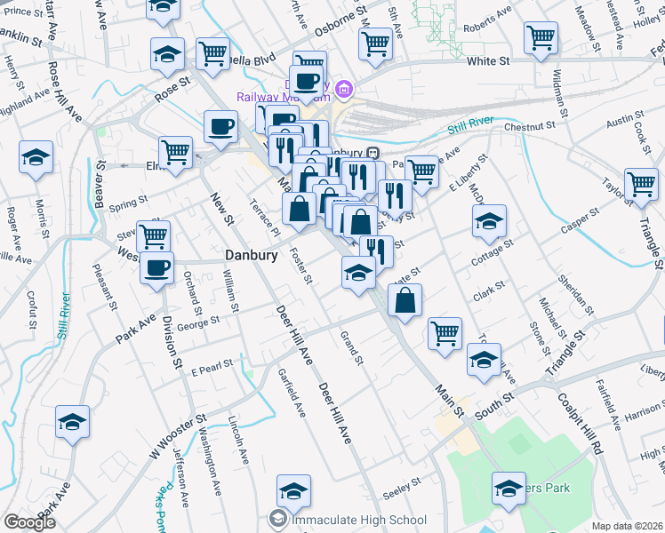 map of restaurants, bars, coffee shops, grocery stores, and more near 132 Main Street in Danbury