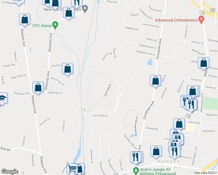 map of restaurants, bars, coffee shops, grocery stores, and more near 11887 Town Walk Drive in Hamden