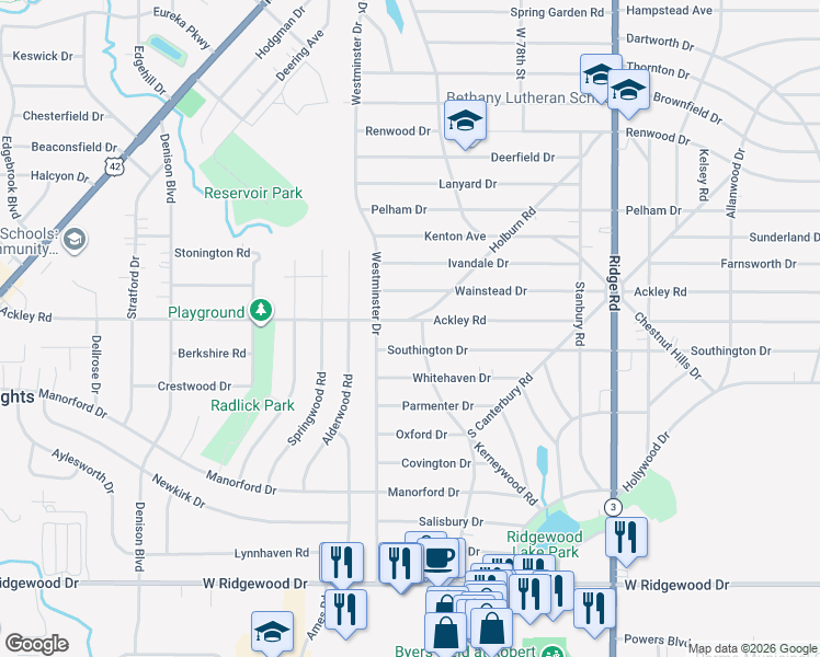 map of restaurants, bars, coffee shops, grocery stores, and more near 6292 Holburn Road in Parma