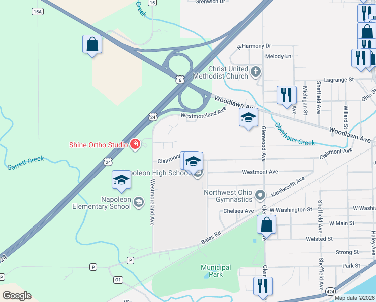 map of restaurants, bars, coffee shops, grocery stores, and more near 1315 Lynne Avenue in Napoleon
