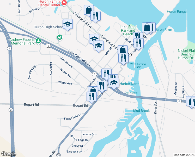 map of restaurants, bars, coffee shops, grocery stores, and more near 510 Center Street in Huron