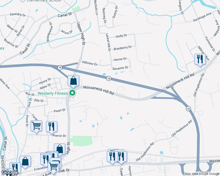 map of restaurants, bars, coffee shops, grocery stores, and more near 44 Ashaway Road in Westerly