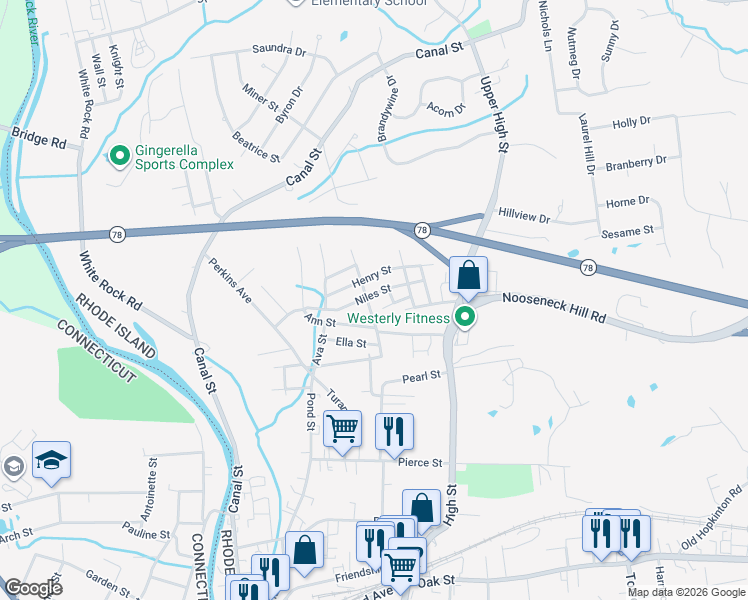 map of restaurants, bars, coffee shops, grocery stores, and more near 20 Niles Street in Westerly