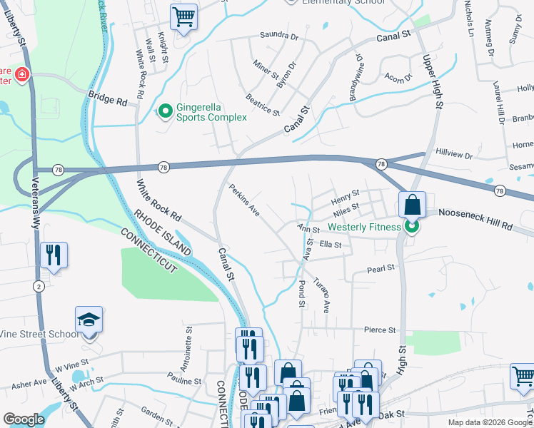 map of restaurants, bars, coffee shops, grocery stores, and more near 37 Perkins Avenue in Westerly