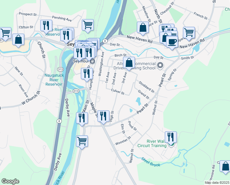 map of restaurants, bars, coffee shops, grocery stores, and more near 21 Culver Street in Seymour