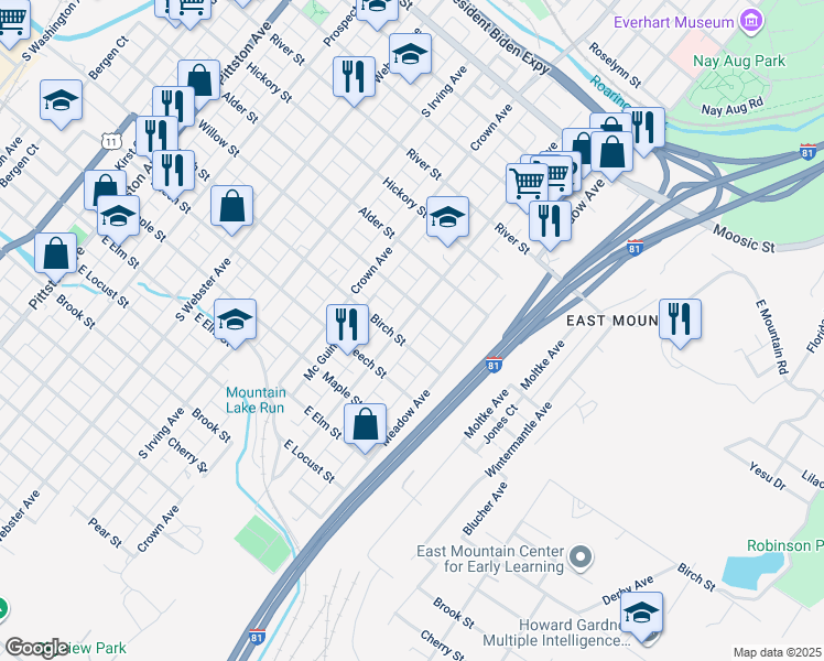 map of restaurants, bars, coffee shops, grocery stores, and more near 719 Stafford Avenue in Scranton