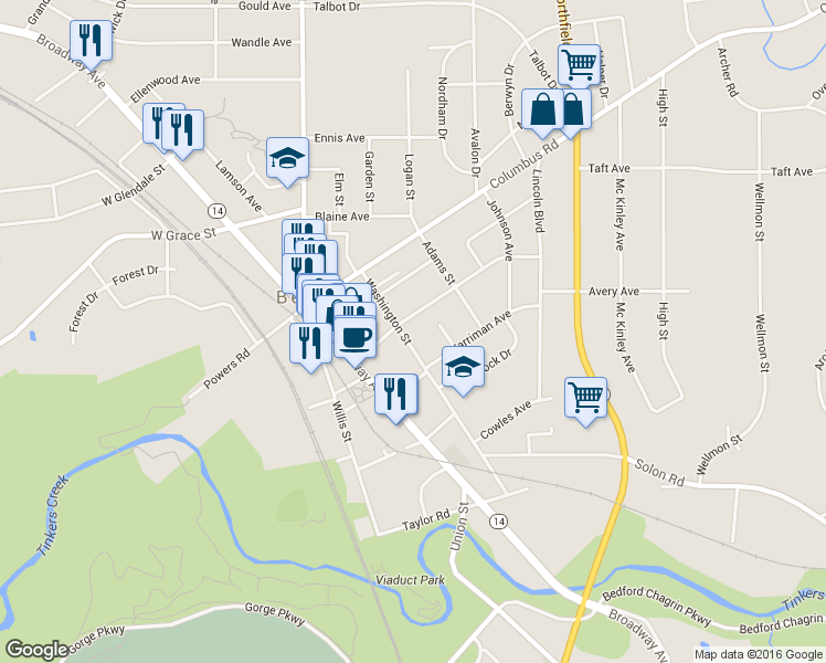 map of restaurants, bars, coffee shops, grocery stores, and more near 82 Woodrow Avenue in Bedford