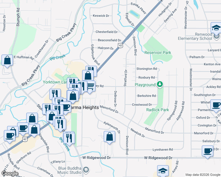 map of restaurants, bars, coffee shops, grocery stores, and more near 10102 Ackley Road in Cleveland