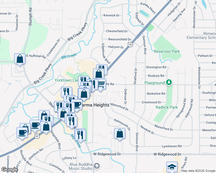 map of restaurants, bars, coffee shops, grocery stores, and more near 10286 Ackley Road in Cleveland