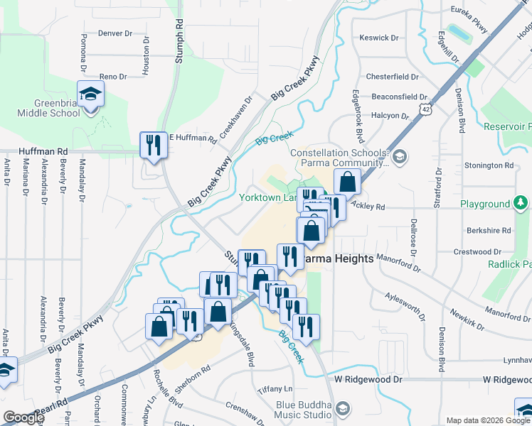 map of restaurants, bars, coffee shops, grocery stores, and more near 10981 Westborough Road in Parma Heights