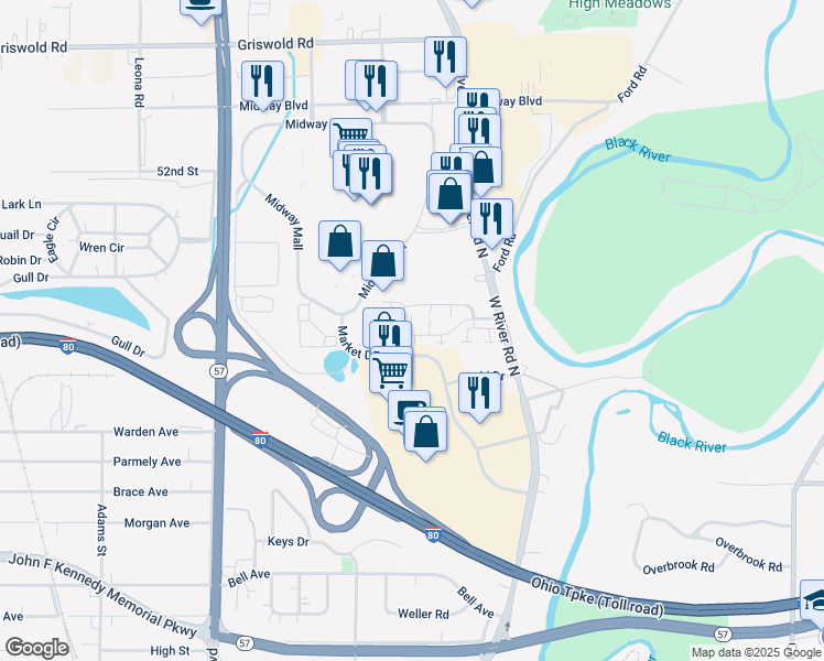 map of restaurants, bars, coffee shops, grocery stores, and more near 1444 West River Road North in Elyria