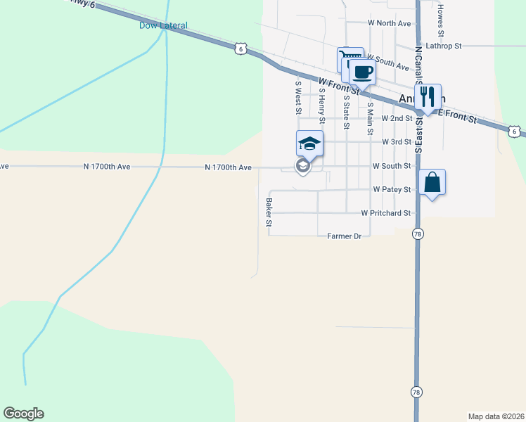 map of restaurants, bars, coffee shops, grocery stores, and more near 504 Baker Street in Annawan