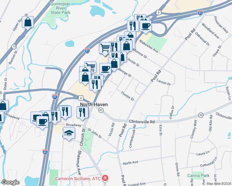 map of restaurants, bars, coffee shops, grocery stores, and more near 34 Woodside Drive in North Haven