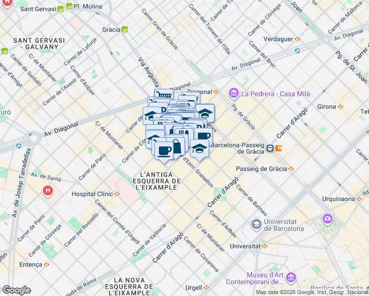 map of restaurants, bars, coffee shops, grocery stores, and more near 201 Carrer de Provença in Barcelona