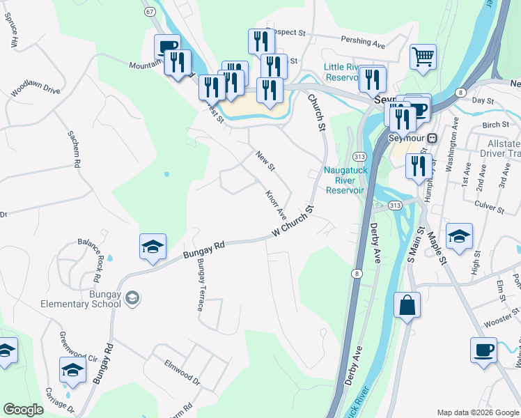 map of restaurants, bars, coffee shops, grocery stores, and more near 11 Knorr Avenue in Seymour
