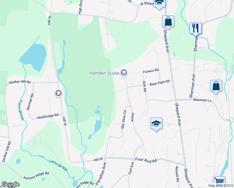 map of restaurants, bars, coffee shops, grocery stores, and more near 184 Bear Path Road in Hamden