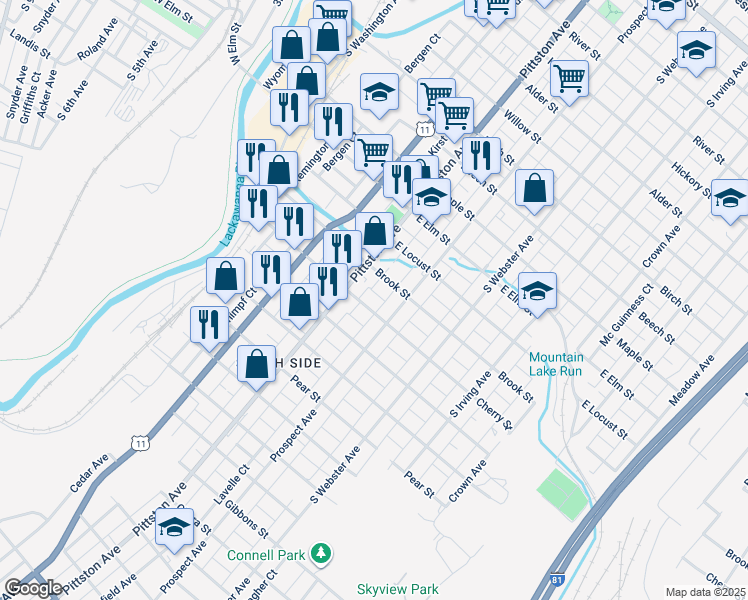 map of restaurants, bars, coffee shops, grocery stores, and more near 525 Cherry Street in Scranton