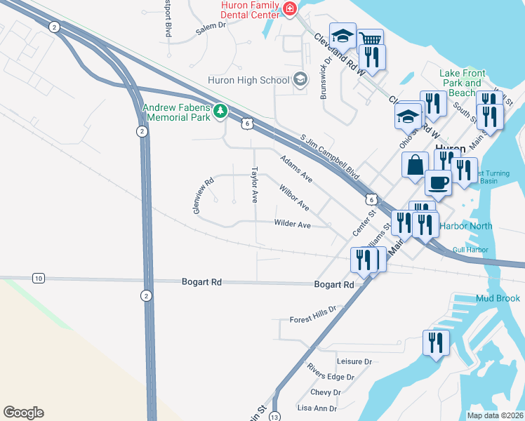 map of restaurants, bars, coffee shops, grocery stores, and more near 726 Taylor Avenue in Huron