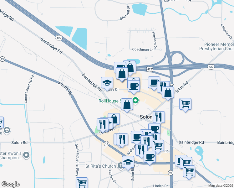 map of restaurants, bars, coffee shops, grocery stores, and more near 6050 Kruse Drive in Solon