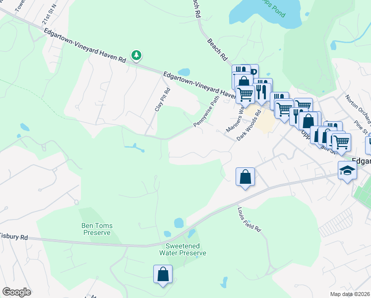 map of restaurants, bars, coffee shops, grocery stores, and more near 45 Dark Woods Road in Edgartown