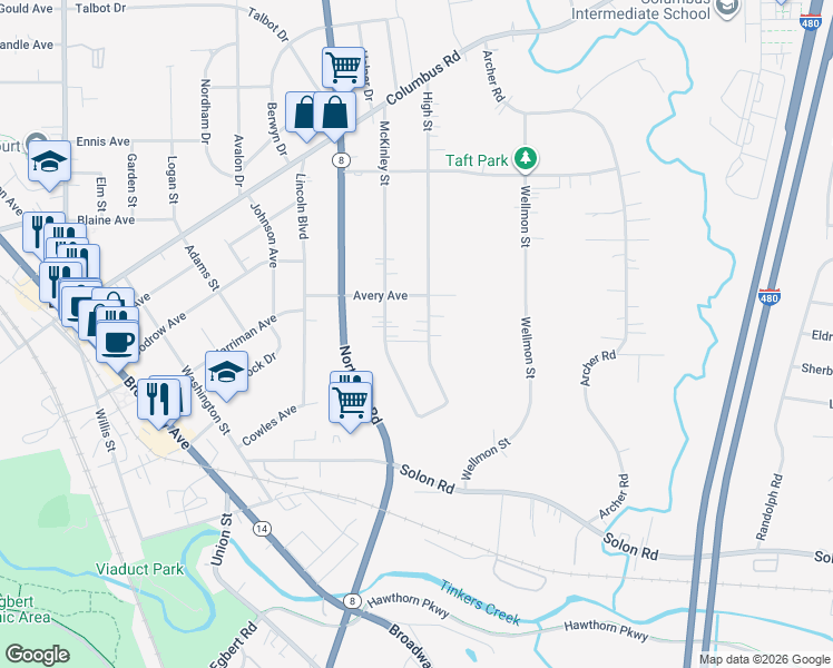 map of restaurants, bars, coffee shops, grocery stores, and more near 852 High Street in Bedford