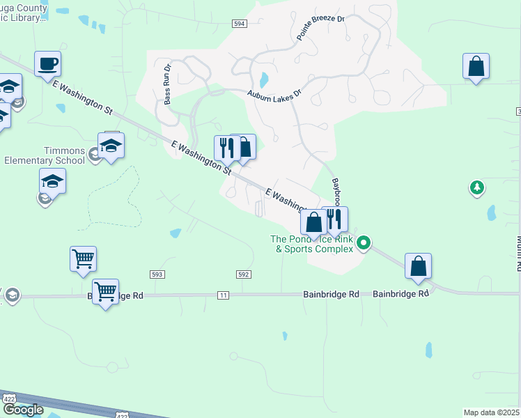 map of restaurants, bars, coffee shops, grocery stores, and more near 9835 East Washington Street in Chagrin Falls