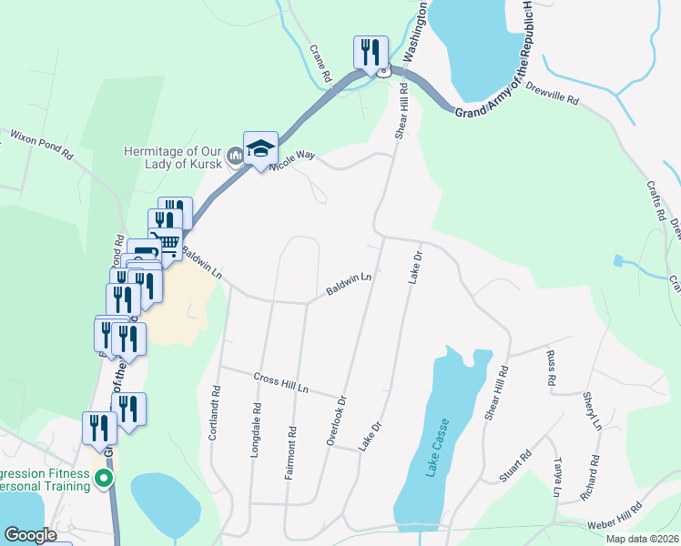 map of restaurants, bars, coffee shops, grocery stores, and more near 94 Baldwin Lane in Mahopac