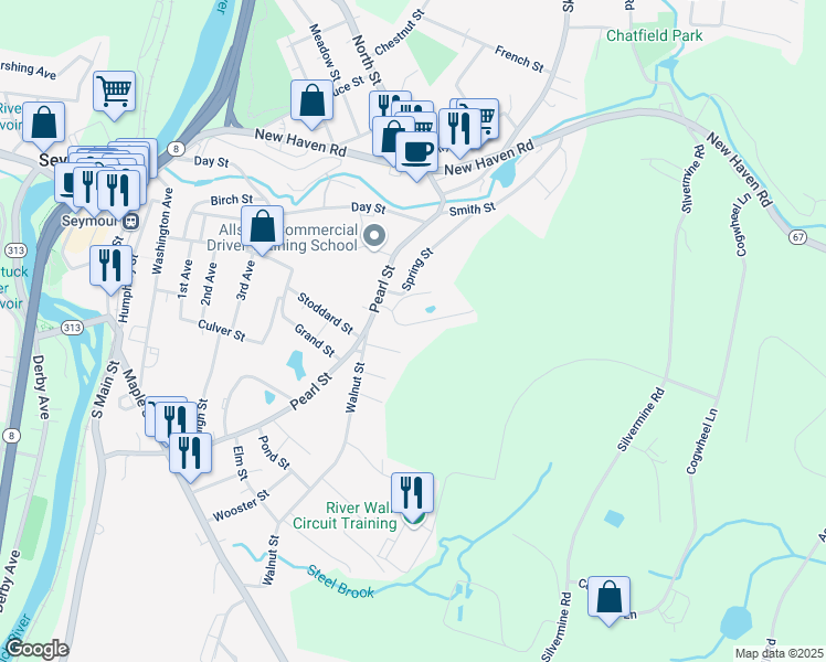 map of restaurants, bars, coffee shops, grocery stores, and more near 1 Great Oak Ridge Way in Seymour