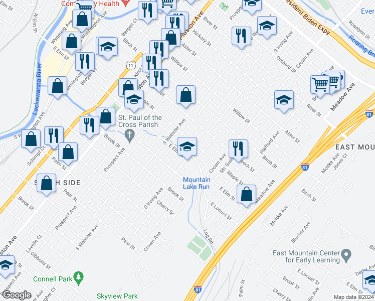 map of restaurants, bars, coffee shops, grocery stores, and more near 1014 South Irving Avenue in Scranton