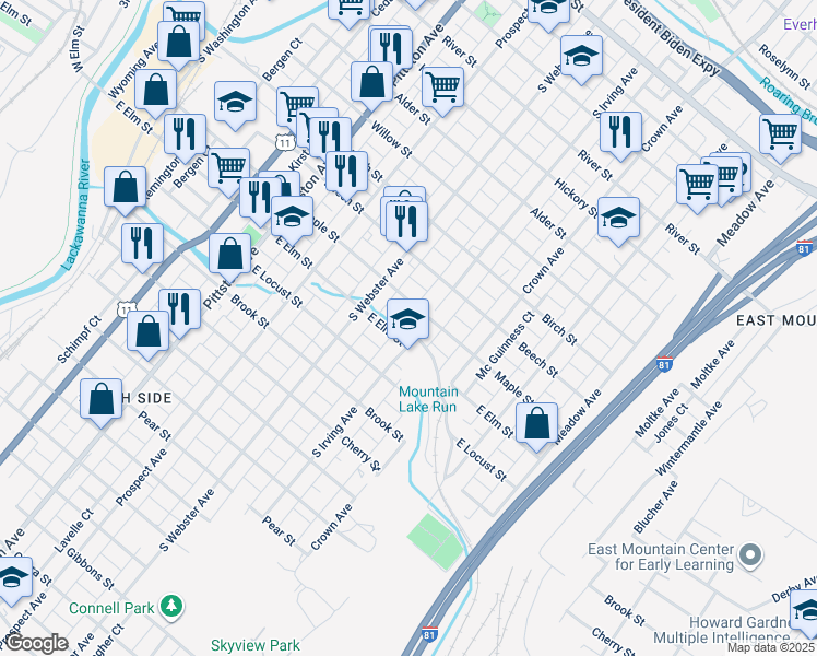 map of restaurants, bars, coffee shops, grocery stores, and more near 1014 South Irving Avenue in Scranton