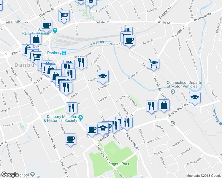 map of restaurants, bars, coffee shops, grocery stores, and more near 45 Stone Street in Danbury