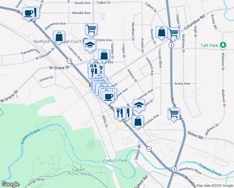 map of restaurants, bars, coffee shops, grocery stores, and more near 690 Washington Street in Bedford Heights