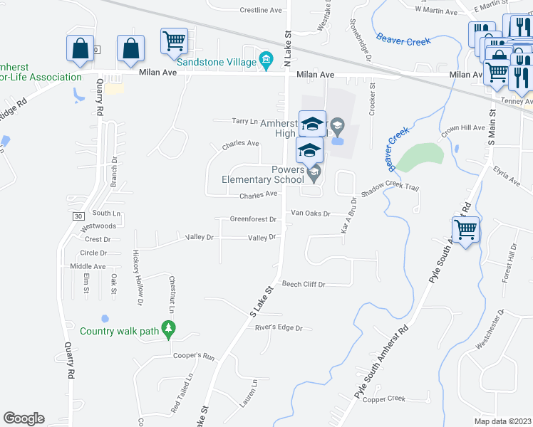 map of restaurants, bars, coffee shops, grocery stores, and more near 733 Greenforest Drive in Amherst