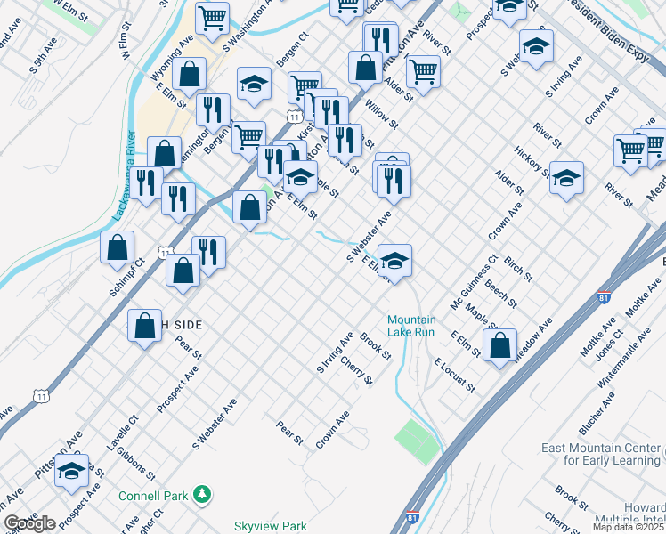 map of restaurants, bars, coffee shops, grocery stores, and more near 635 East Locust Street in Scranton
