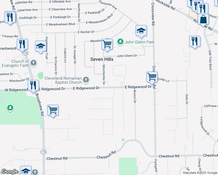 map of restaurants, bars, coffee shops, grocery stores, and more near 1447 East Ridgewood Drive in Seven Hills
