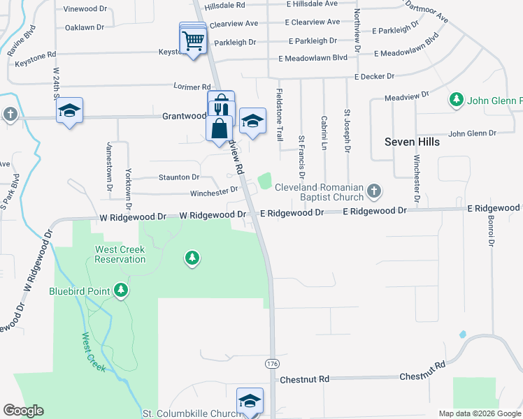 map of restaurants, bars, coffee shops, grocery stores, and more near 6303 Broadview Road in Parma