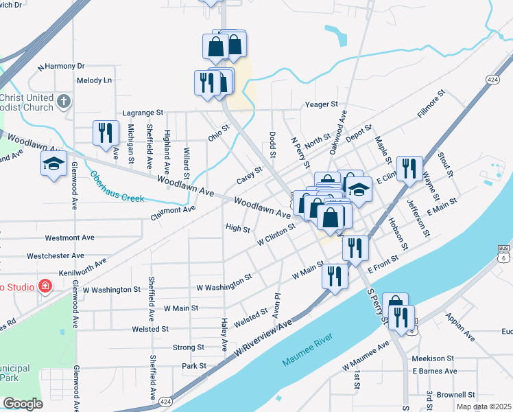 map of restaurants, bars, coffee shops, grocery stores, and more near 928 Woodlawn Avenue in Napoleon