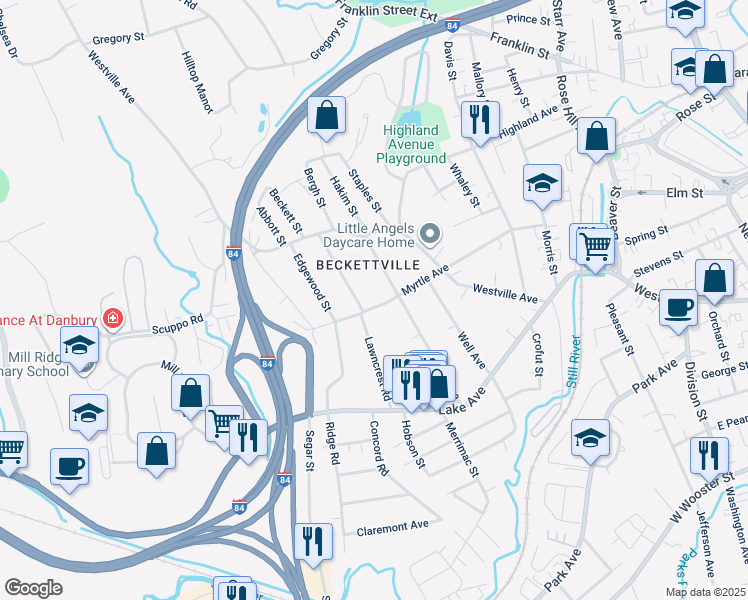 map of restaurants, bars, coffee shops, grocery stores, and more near 42 Abbott Avenue in Danbury
