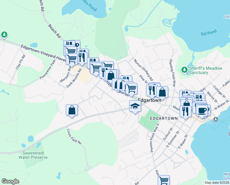 map of restaurants, bars, coffee shops, grocery stores, and more near 220 Upper Main Street in Edgartown