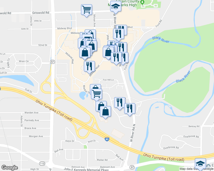 map of restaurants, bars, coffee shops, grocery stores, and more near 47 Hancock Lane in Elyria