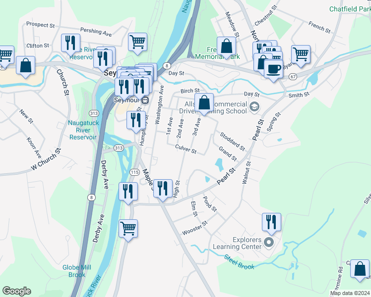 map of restaurants, bars, coffee shops, grocery stores, and more near 21 Culver Street in Seymour