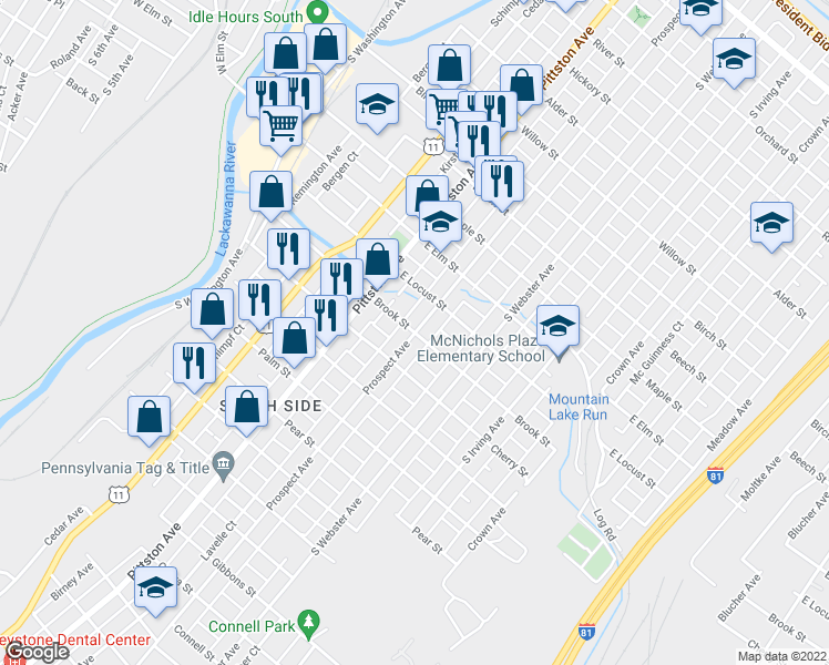 map of restaurants, bars, coffee shops, grocery stores, and more near Prospect Avenue in Scranton