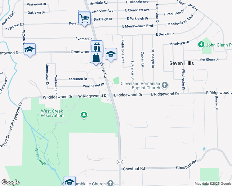 map of restaurants, bars, coffee shops, grocery stores, and more near 6303 Broadview Road in Parma