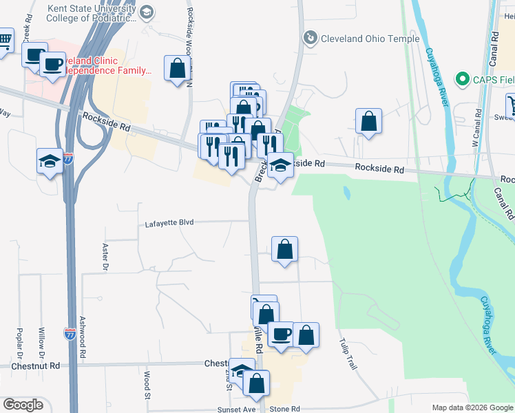 map of restaurants, bars, coffee shops, grocery stores, and more near 6248 Ohio 21 in Independence