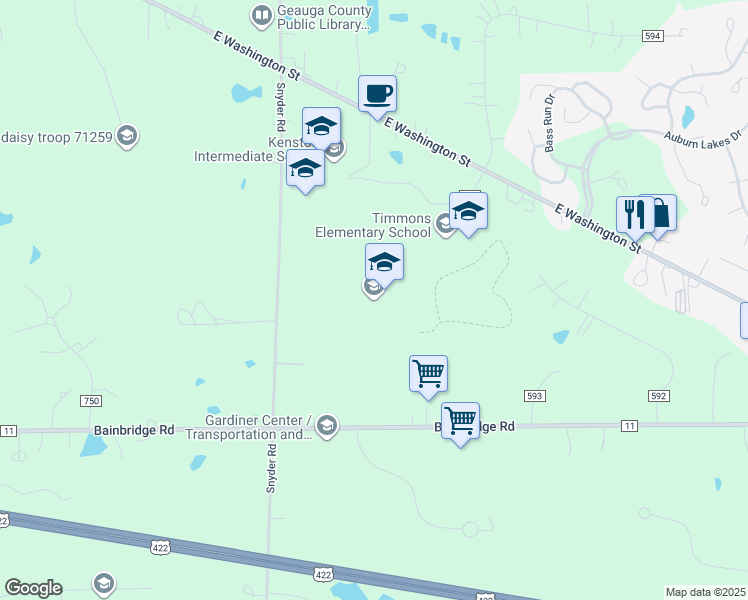 map of restaurants, bars, coffee shops, grocery stores, and more near 9500 Bainbridge Road in Chagrin Falls