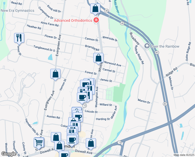 map of restaurants, bars, coffee shops, grocery stores, and more near 2637 Whitney Avenue in Hamden