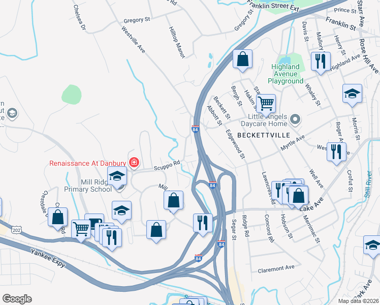 map of restaurants, bars, coffee shops, grocery stores, and more near 8 Scuppo Road in Danbury